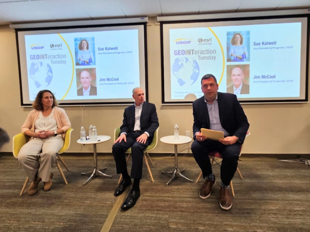 Sue Kalweit, Jim McCool speak at GEOINTeraction Tuesday at Esri.