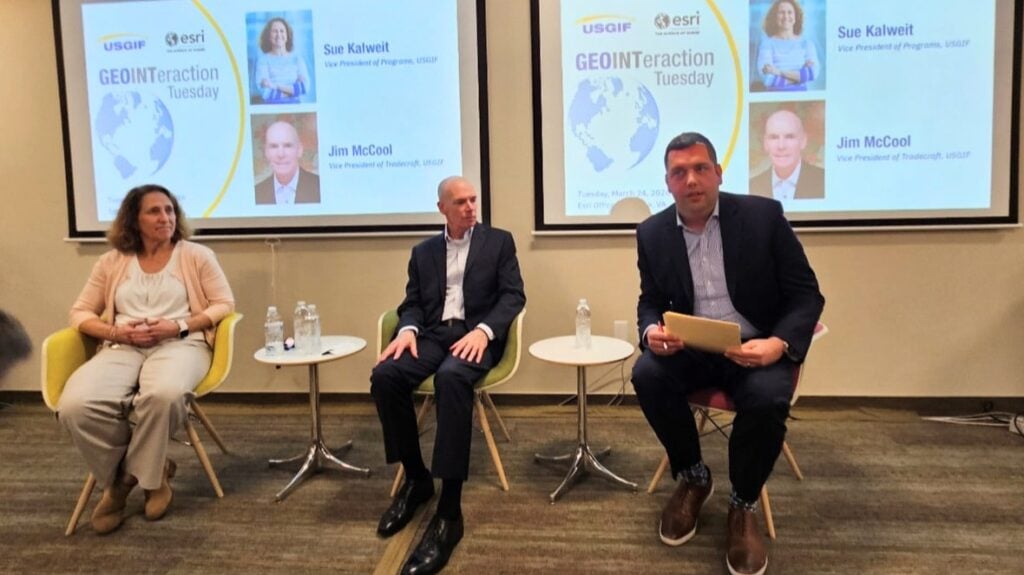 Sue Kalweit, Jim McCool speak at GEOINTeraction Tuesday at Esri.